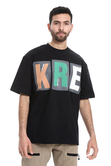 "KRE" Printed Pattern Round Neck T-Shirt – Black