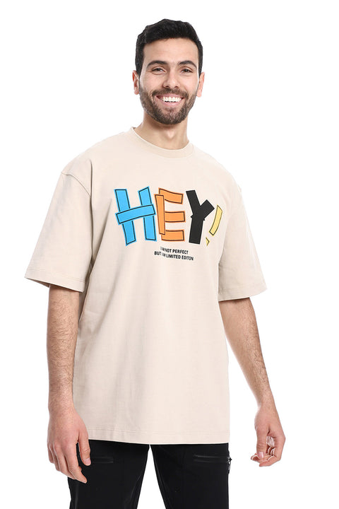 "Hey!" Printed Short Sleeves T-Shirt - Beige