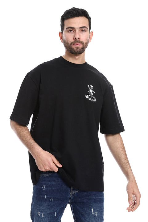 Back Printed Pattern Short Sleeves T-Shirt - Black