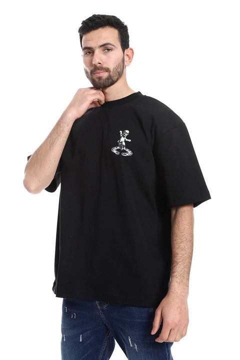 Back Printed Pattern Short Sleeves T-Shirt - Black