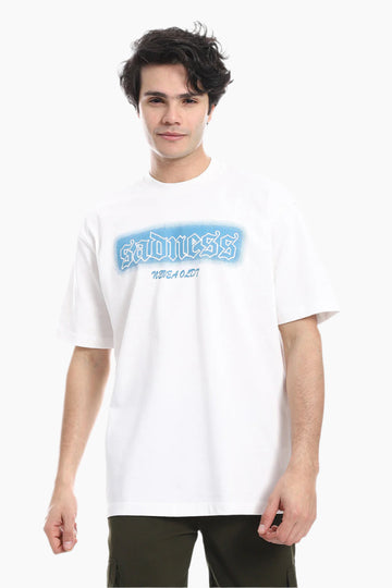 White And Blue Short Sleeves Printed T-Shirt