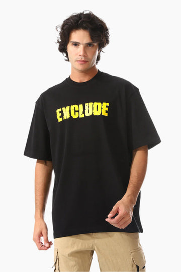 Loose Fit Black T-Shirt With Yellow Print Accent