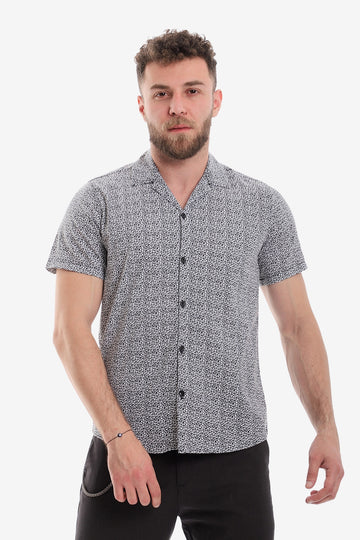Classic Printed Short Sleeves Button Down Shirt – White