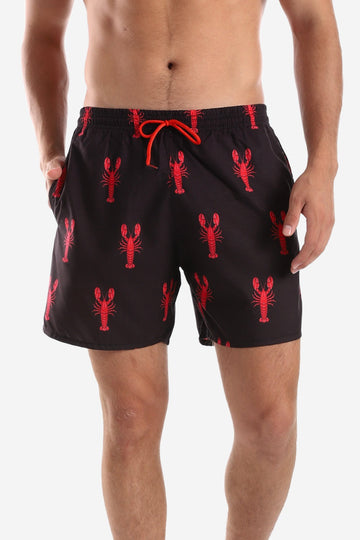 Side Pockets Crabs Patterned Board Shorts - Black & Red
