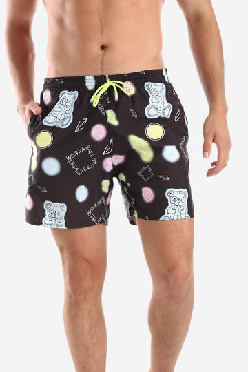 Side Pockets Crabs Patterned Board Shorts - Black, Lime & White