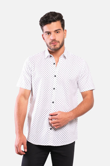 Buttoned Short Sleeves Sun Pattern Shirt – White