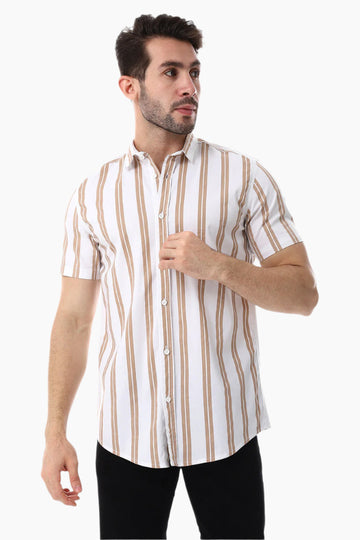 Striped Pattern Short Sleeves Shirt - White & Cider Brown