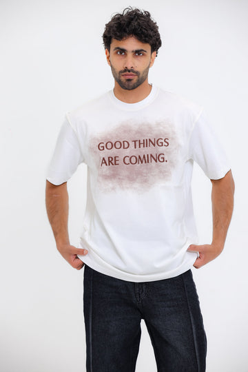 "GOOD THINGS ARE COMING."Printed Short Sleeves White T-Shirt