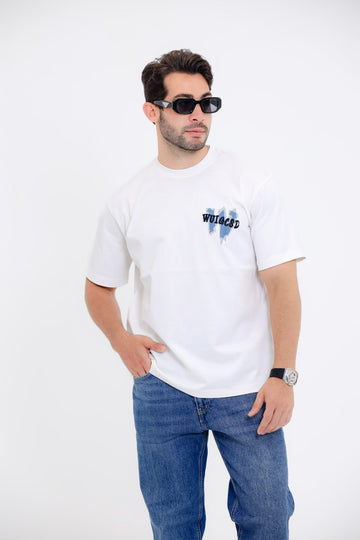 Casual T-Shirt with ""WU14CSD"" Graphic Print - White