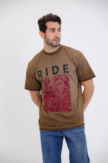 "RIDE" Floral Graphic T-Shirt-Brown