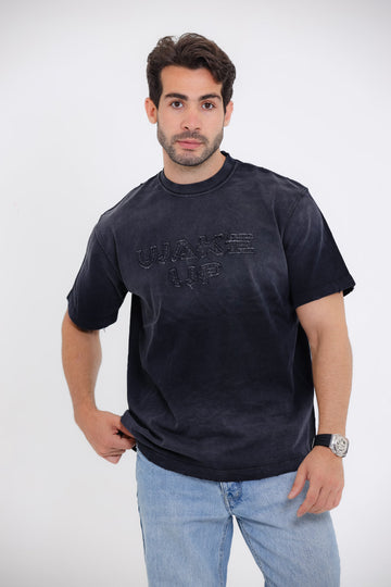 "WAKE UP" Comfy Round Neck T-shirt - Black