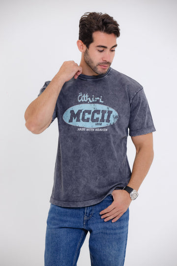 Chest Printed Cotton T-Shirt - Grey