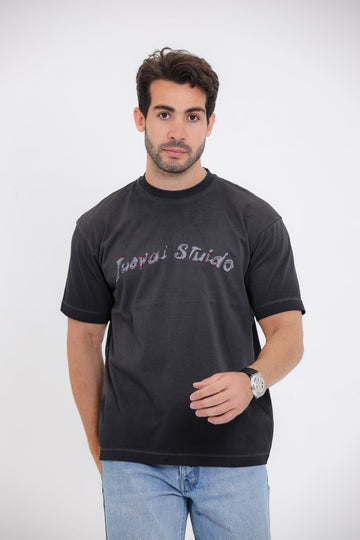 Chest Printed Cotton T-Shirt - Grey