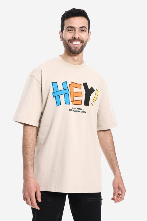 "Hey!" Printed Short Sleeves T-Shirt - Beige