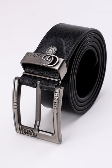 Metal Buckle Leather Belt - Black