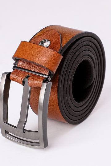 Simple Plain Buckled Leather Belt - Havana