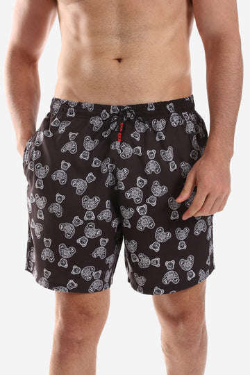 Teddy Bear Patterned Swim Short - Black