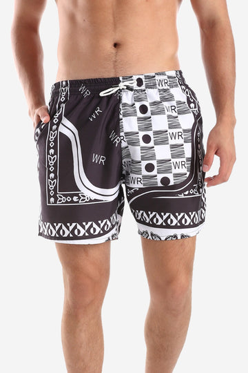 Double Pockets Elastic Waist With Drawstring Swim Shorts - White & Black