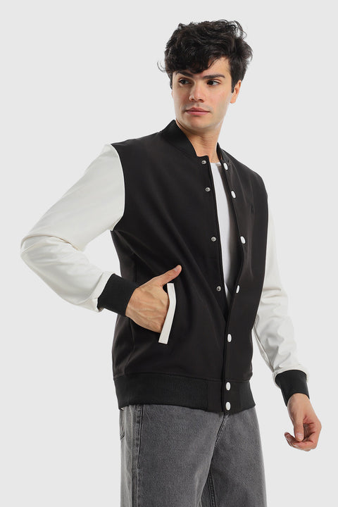 Leather Sleeves Press Buttons Closure Baseball Jacket