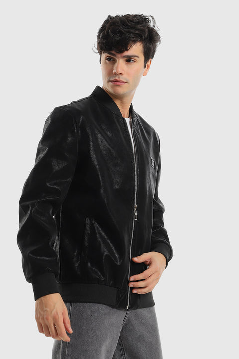 Textured Leather Zipper Closure Lightweight Jacket