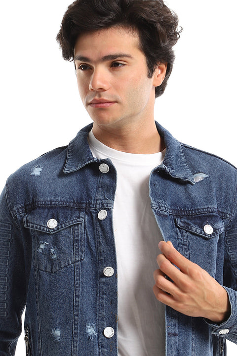 Ripped & Scratched Buttoned Denim Jacket - Blue Jeans