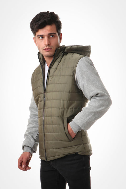 Waterproof Adjustable Hooded Buffer Jacket With Cotton Sleeves - Olive