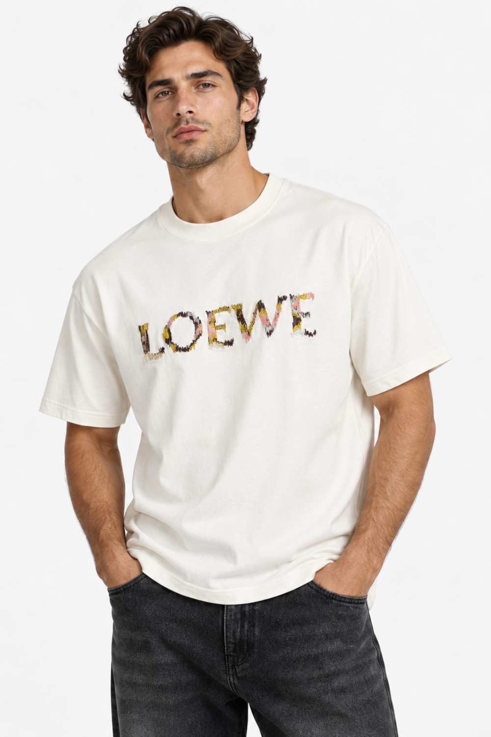 Men's LOEWE Graphic Embroidered Oversized White T-Shirt