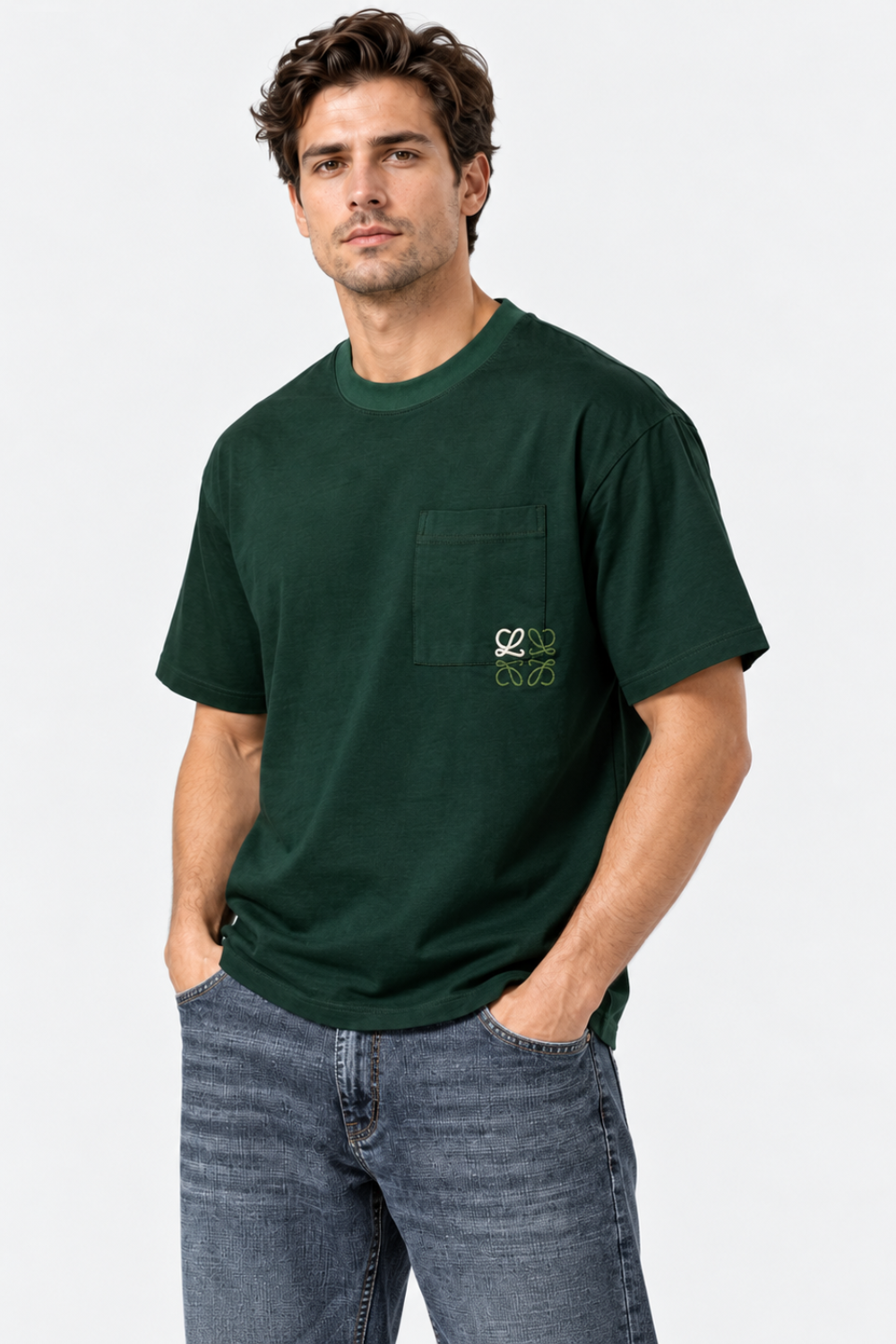 Men's Loewe Anagram Embroidered Pocket Oversized Olive T-Shirt