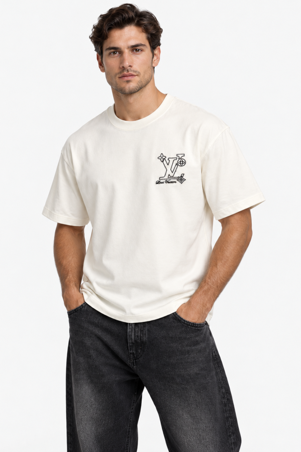 Men's Louis Vuitton LV Embroidered Logo Oversized White T-Shirt