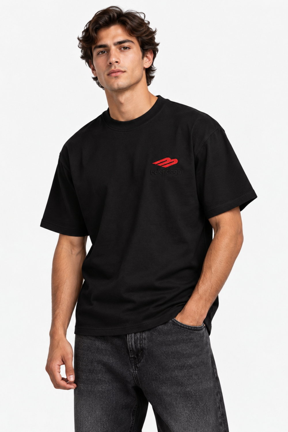 Men's Balenciaga Red Logo Oversized Black T-Shirt