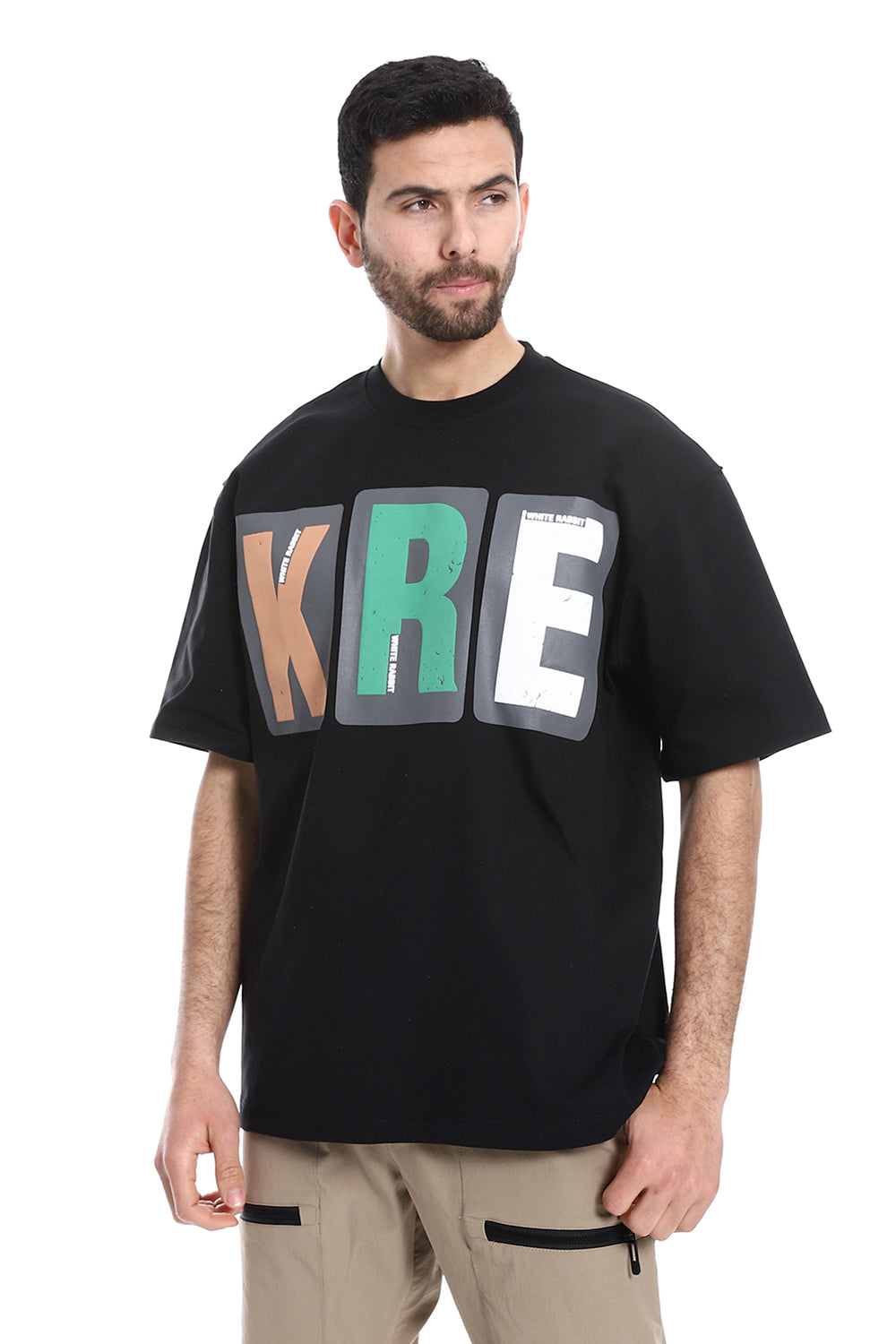 "KRE" Printed Pattern Round Neck T-Shirt – Black