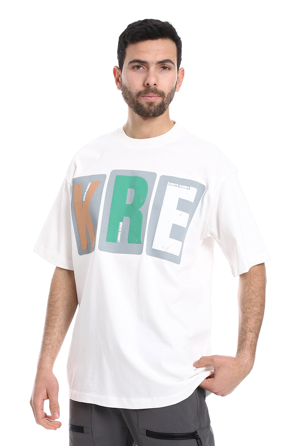 "KRE" Printed Pattern Round Neck T-Shirt - White