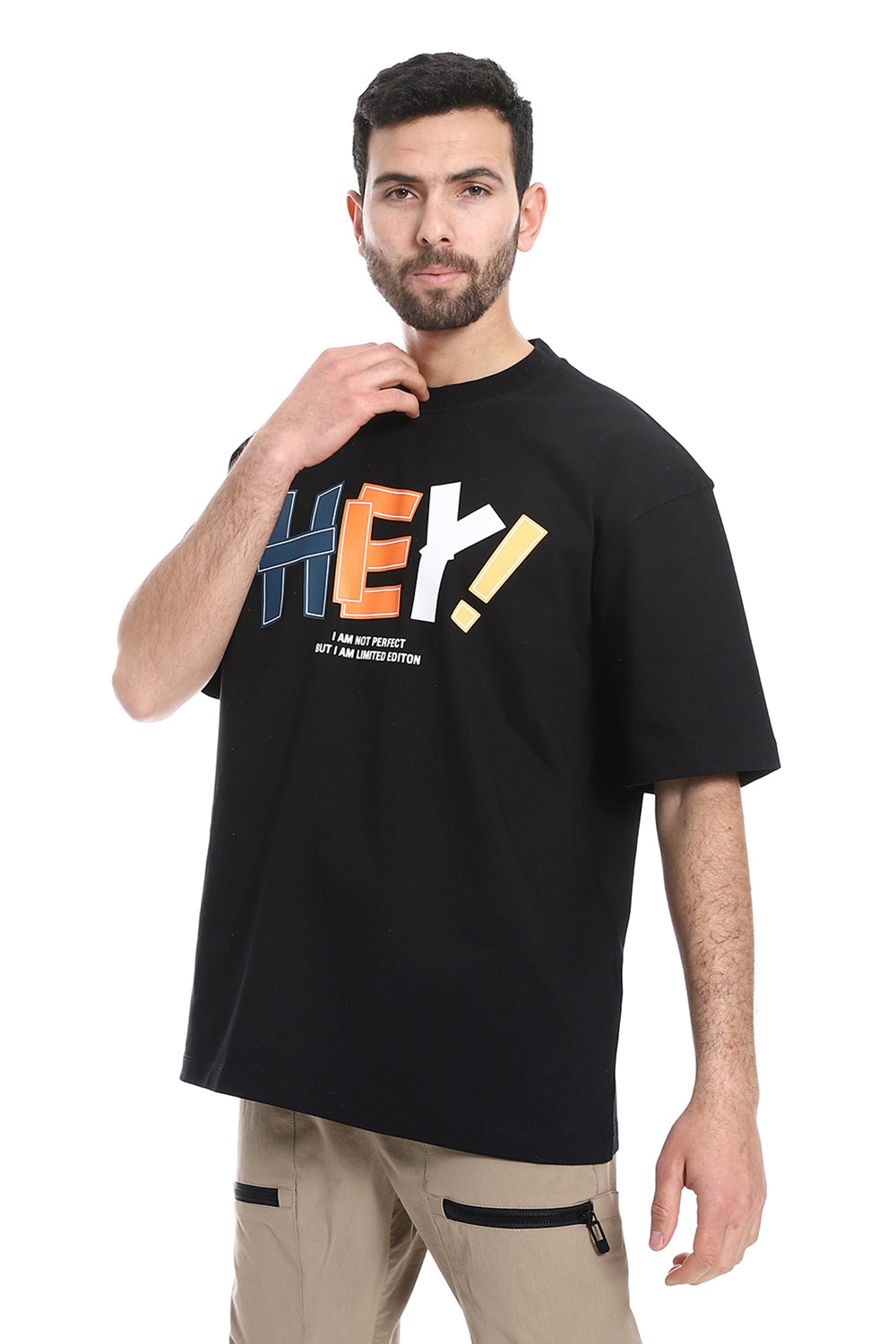 "Hey!" Printed Short Sleeves T-Shirt – Black