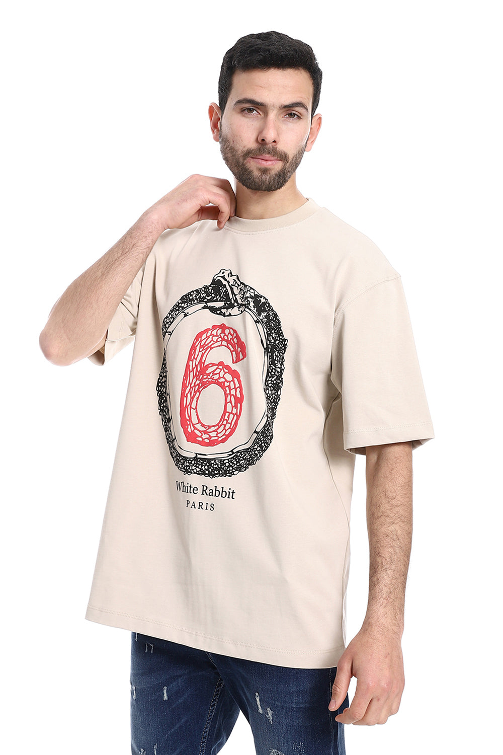 Slip On Round Neck Back Printed T-Shirt – Beige