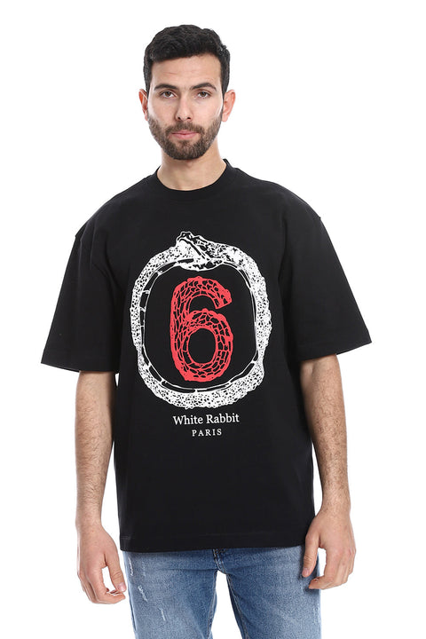Slip On Round Neck Back Printed T-Shirt - Black