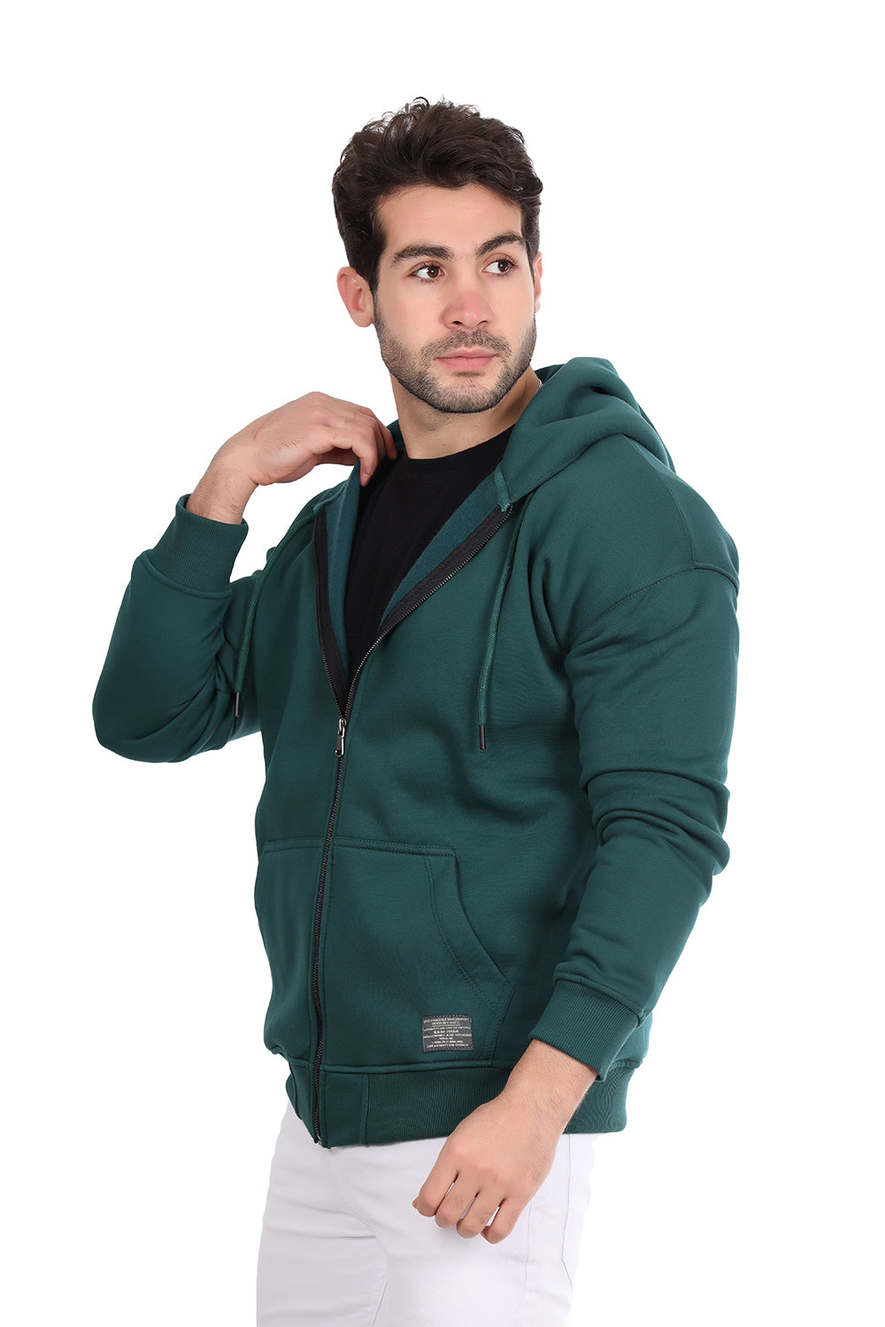 Basic Inner Fleece Zip Through Hoodie-Green