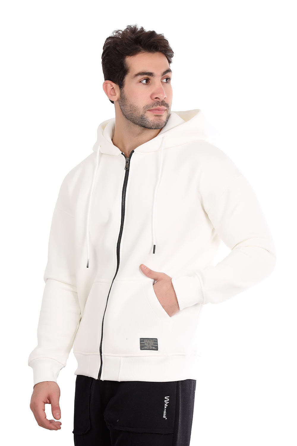 Basic Inner Fleece Zip Through Hoodie-White