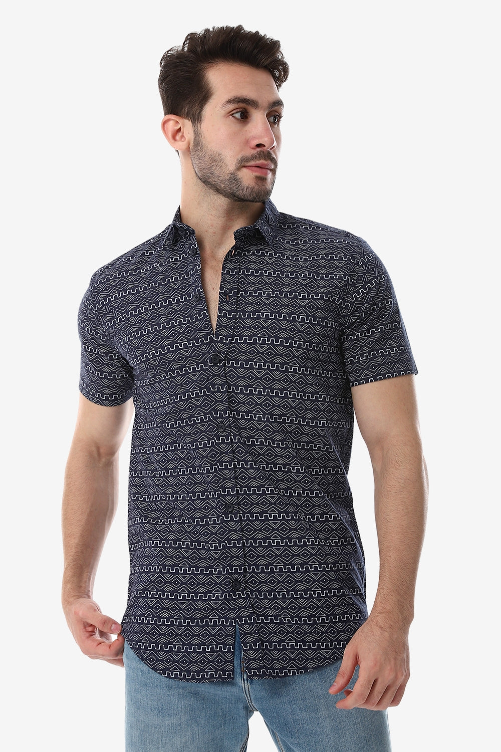 Self Pattern Buttons Down Closure Shirt – Navy & White