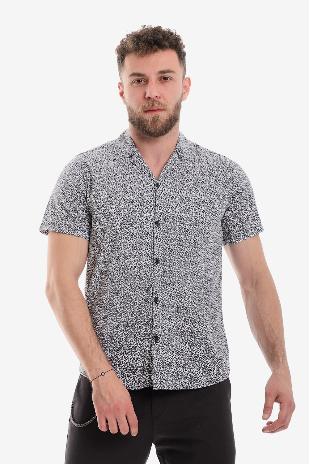 Classic Printed Short Sleeves Button Down Shirt – White