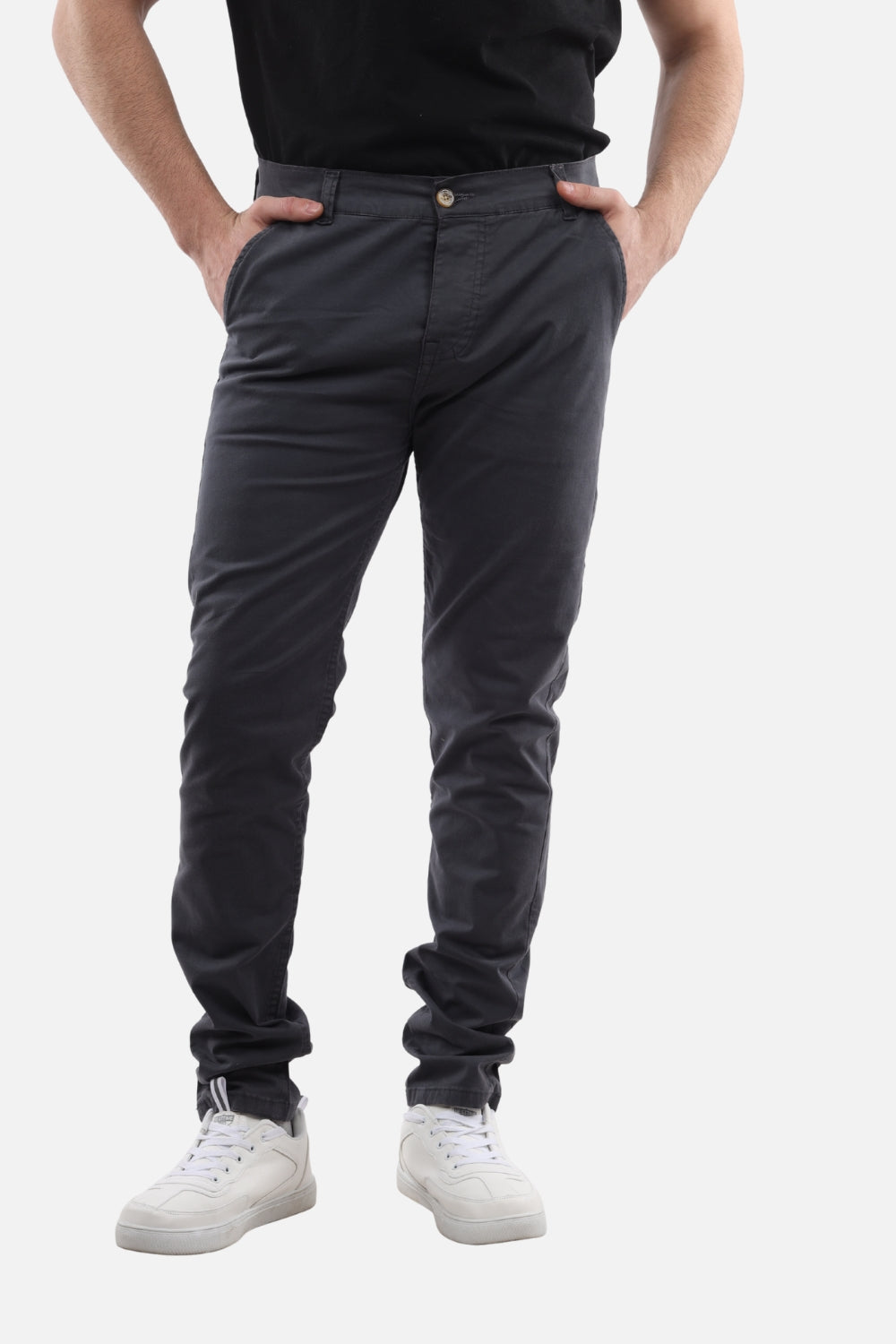 Slash Pockets Regular Fit Plain Gabardine Pants -Grey