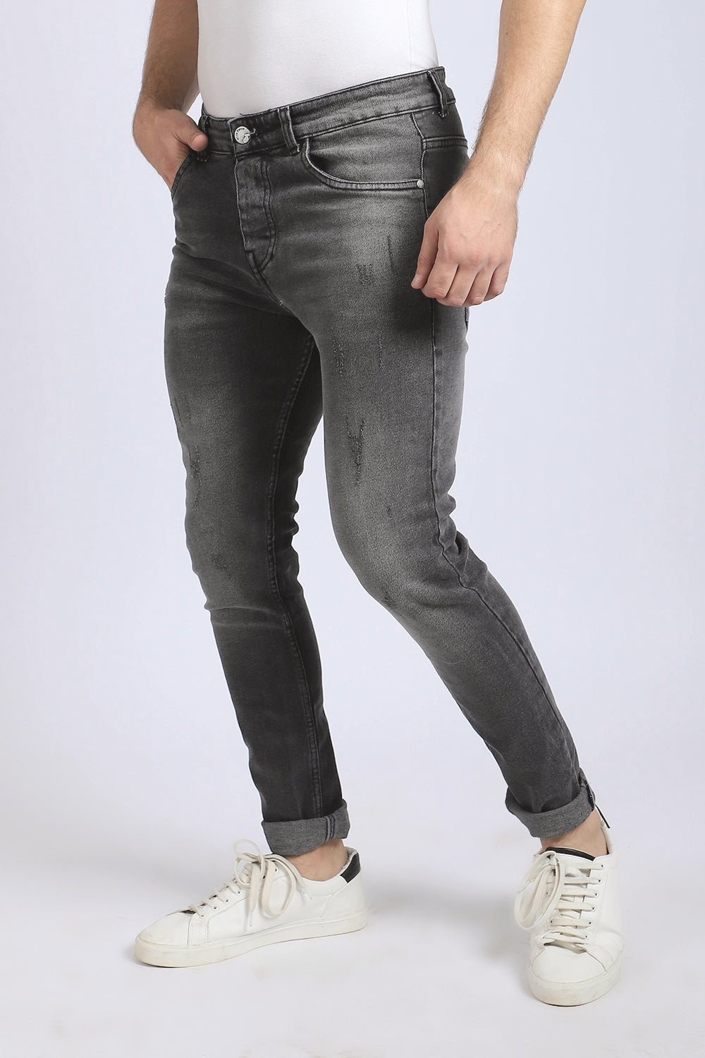 Scratched Slim Fit Dark Grey Jeans