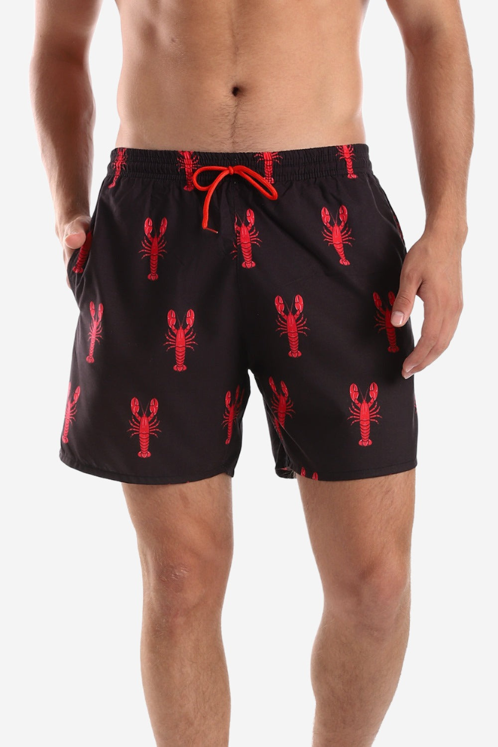 Side Pockets Crabs Patterned Board Shorts - Black & Red