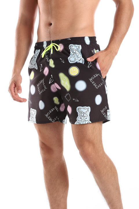 Side Pockets Crabs Patterned Board Shorts - Black, Lime & White