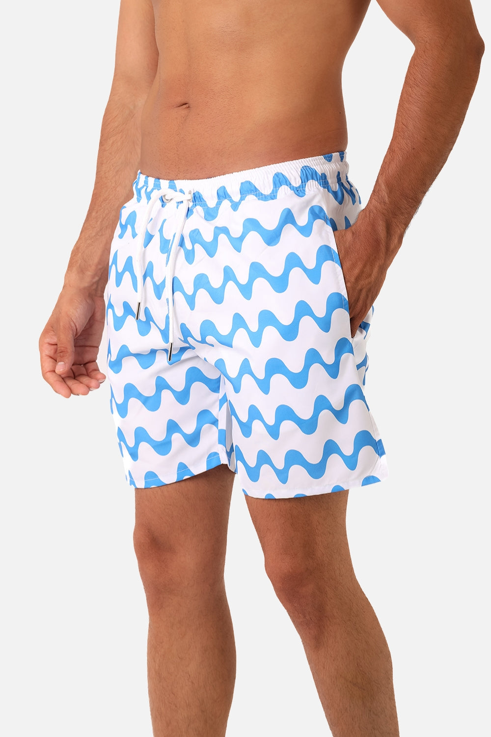 Side Pockets Crabs Patterned Board Shorts - White & Blue