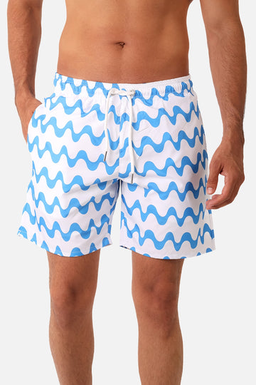 Side Pockets Crabs Patterned Board Shorts - White & Blue