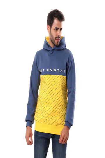 Bi-tone Printed Letters Hoodie - Steel Blue & Yellow