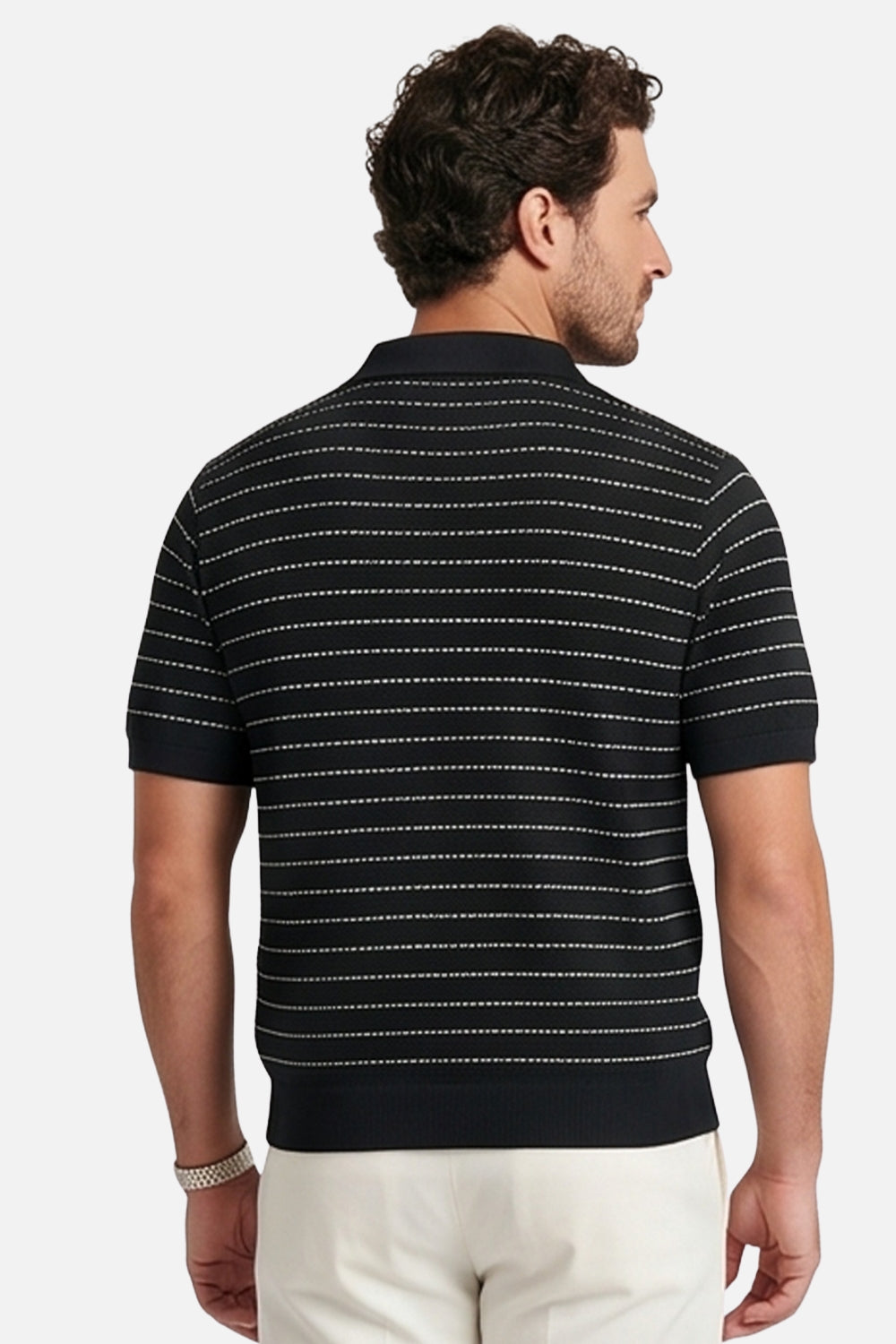 The Midnight Textured Polo – Black & Pearl Micro-Stripe