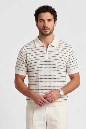 The Linear Textured Polo – Off-White & Charcoal Micro-Stripe