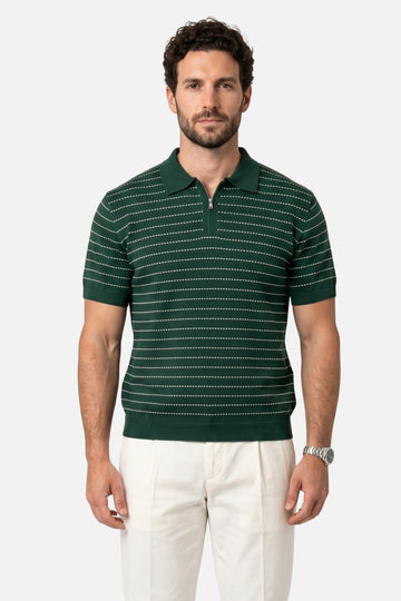 The Olive Grove Textured Polo – Olive & Pearl Micro-Stripe