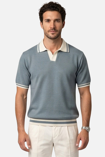 The Riviera Johnny Collar Polo – Slate Blue & Cream